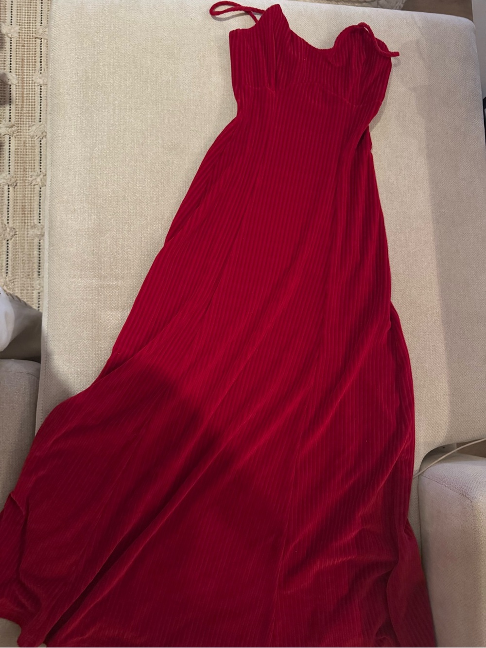 Red Velvet Maxi Dress with Spaghetti Straps and Sweetheart Neckline